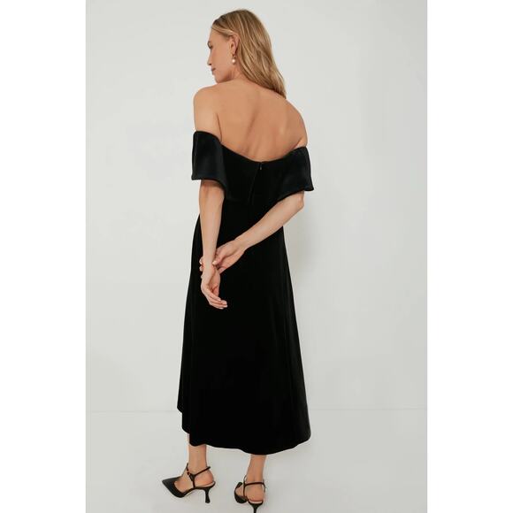 Pomander Place Black Elise Off Shoulder Velvet Velour Midi Cocktail Dress Size L - Picture 3 of 9